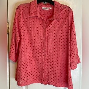 👚Denim & company Women’s Eyelet 3/4 Sleeve Button Up Top. Bright Coral. Size 2X
